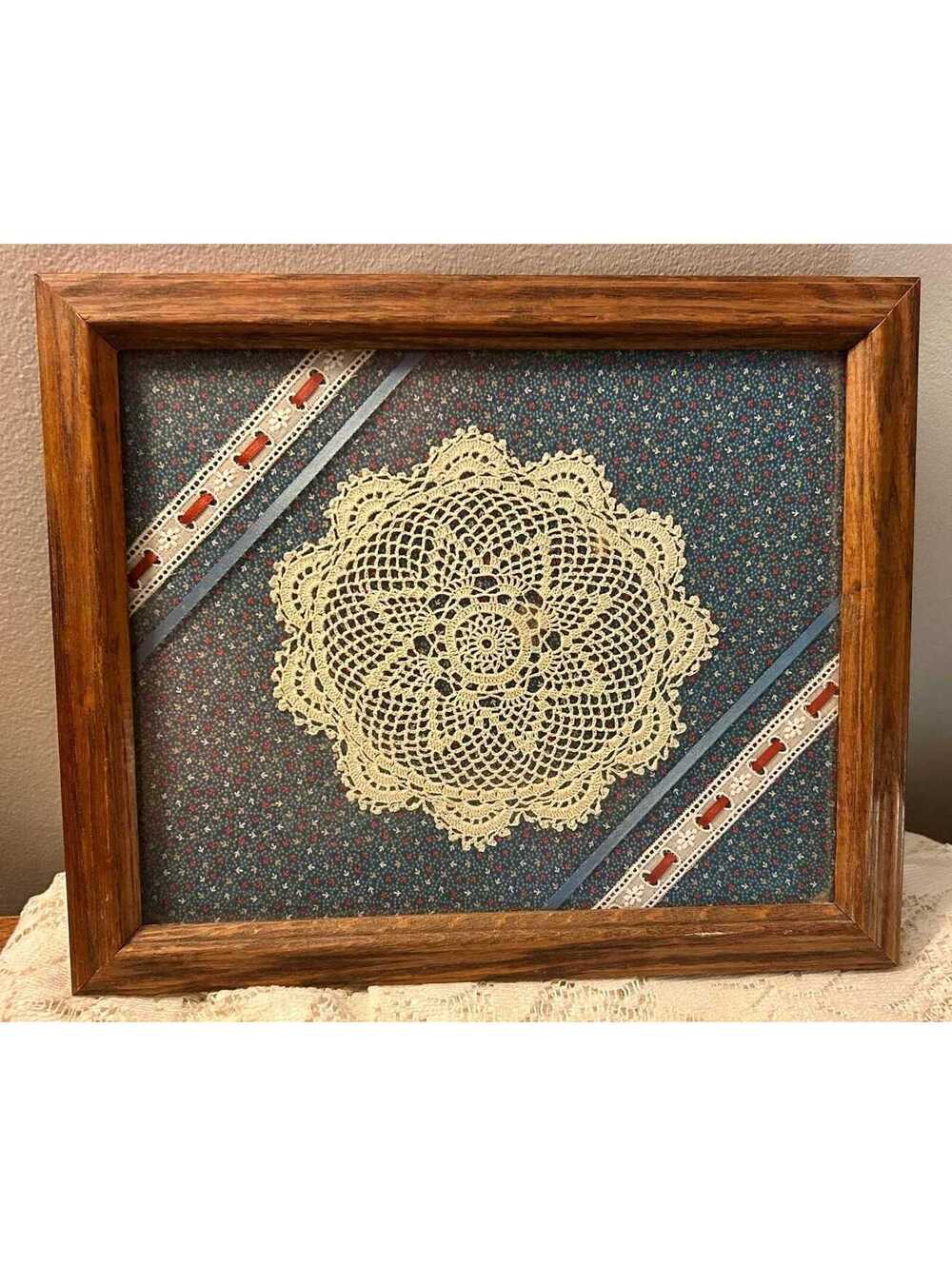 Vintage Handmade White Crochet Doiley In “Irish Modern” Pattern Framed Textile